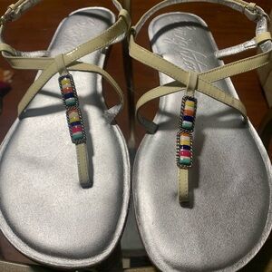 Brighton Yellow Beaded T-Strap Sandals with Silver Footbed
